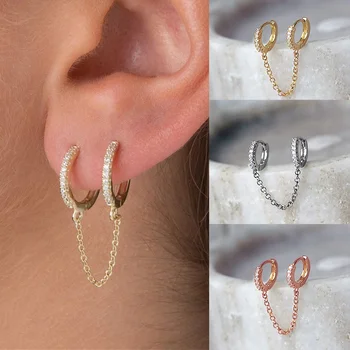 1 Par Modnih lanaca sa četkom, Naušnice s dvostrukim пирсингом u uho, Naušnica-prsten srebrne boje za žene, Naušnice za zaruka