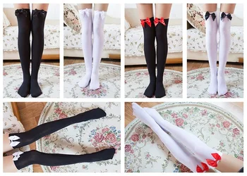 1 Par Seksi čarapa za žene u traku s lukom, duge čarape do koljena, Japanski Cosplay, čarape s po cijeloj površini na koljena, bijela i crna boja