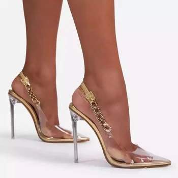 11 cm Ženske cipele na visoku petu ljetna strana-brod od PVC-a, na visoku petu Cipele žena Crystal peta haljina pumpa cipele gležanj remen sandale