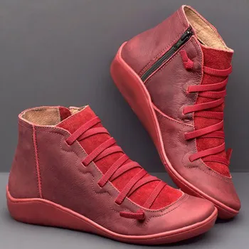 2021 g. Nove svakodnevne ženske kožne cipele na ravnim potplatima u retro stilu sa uvezivanje na strani munje s okruglim vrhom Kožne čizme do Zapatos Mujer Wram Botas