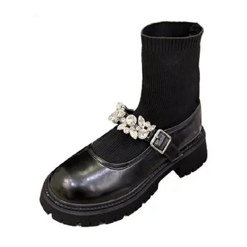 2021 Jesenje Nove male kožne cipele u Retro stilu sa štrasom, s debelim dnom, Zapaljivoj stil, elastične čizme, kratke ženske čizme