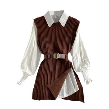 2021 Jesensko-zimska ženska košulja s rukavima-svjetiljku, pletene prsluk, Kompleti Iz Dva Predmeta, Zonu u Stilu faksu, Bluza, Džemper, Prsluk, kostime