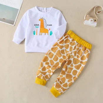 2021 Nedavno Jesen Slatka lijepa dječji kompleti odjeće za djevojčice od pamuka s uzorkom Žirafa dugih rukava Roza Majice+Prugaste hlače