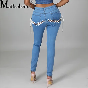 2021 Ženska moda hlače s visokim strukom Ženske seksualne plave elastične uske hlače-olovka Ženske munje Ulične svakodnevne traper hlače