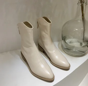 2021 Ženske čizme čizme na debelom petu s oštrim vrhom ženske cipele od prave kože, najprodavaniji stil
