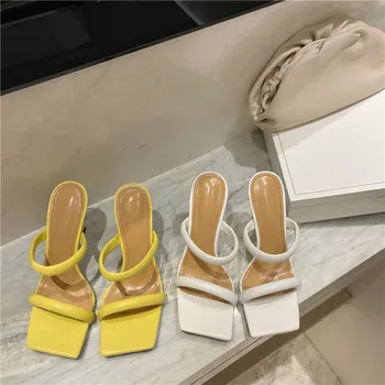 2022 godine Nove ljetne žuto-bijele papuče na tanke pete Sandale ženske cipele, japanke s trga vrhom papuče za plažu odmor slajdova