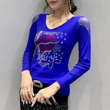 #8876 Crna plava elastična ženska t-shirt s dijamantima, seksi fine mrežaste majica s V-izrez, čvrsto šivana марлевая elastična mreža, Top Femme Tanak