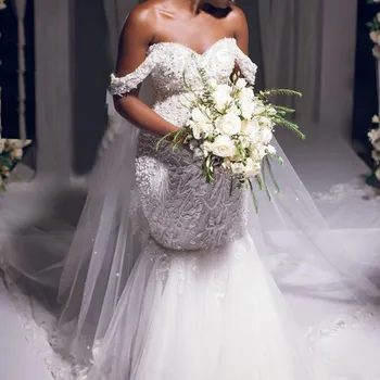 Afrički vjenčanje haljina Sirena Plus Veličina s otvorenim ramenima Čipka aplicirano vjenčanice Za crne djevojčice Tila vestidos de novia