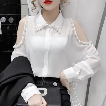 Beaded Top s otvorenim ramenima Elegantan bluza Ženska Vintage odjeća dugih rukava Bijela košulja na zakopčane Korejski moda 2021 Jesen Nova