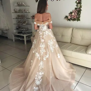 BEPEITHY Elegantne večernje haljine trapeznog oblika s otvorenim ramenima za žene s bijelim aplikacije Šampanjac Duga haljina za prom 2021 Novo