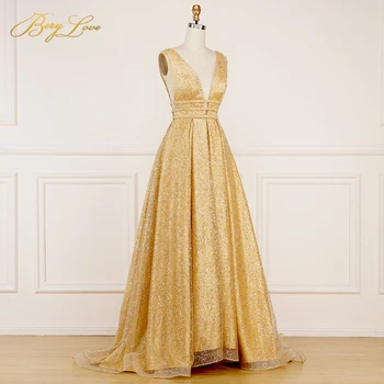 BeryLove Blistavi iskre svijetle zlatno večernja haljina 2020 Dugo se konačni briljantan seksi haljinu V-oblika dekoltea s otvorenim leđima robe de soiree