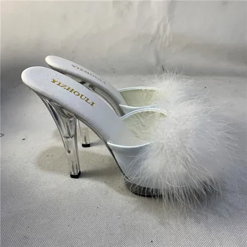 Cipele za strip zafrkavati na visoku petu 13 cm, bucmaste kristalne cipele s perjem, Vruće ženske seksualne sandale na platformu