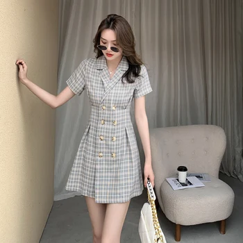 COIGARSAM Donje punomasno Korejski haljina Ljeto 2021 Novi Francuski stil Vintage haljine u kavez s kratkih rukava u stilu Траф Ogrtač Vestidos