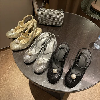 Crnci/zlatni/srebrni ženske sandale s okruglim vrhom od tkanine s svjetlucavo i šljokicama na debelom visoke potpetice Modni večernje cipele-brod na gumenom trakom cipele za Vjenčanje