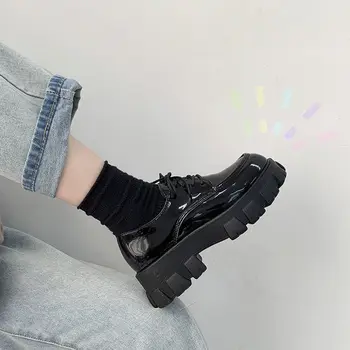 Crne cipele na platformu od lakirane kože za žene 2021 gotička čipka-up na masivnim petu Ženska studentska cipele u japanskom stilu Ženska