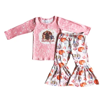 Dizajn s okruglog izreza za djecu Pink Top slagala s uzorkom bundeve Spaljene hlače Kostim za djevojčice-izmet Trendy odjeću za Dan zahvalnosti