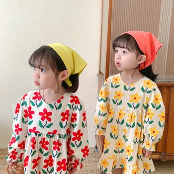 Dječja odjeća 1-6 godina Slatka haljina za djevojčice s cvjetnim uzorkom od pamuka s dugim rukavima za djecu, Svakodnevne modne haljine princeze