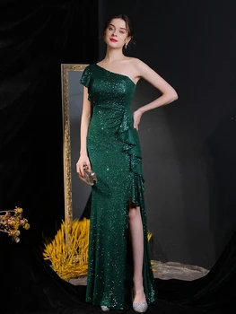 Donje elegantna večernja haljina sa volanima na jedno rame, seksualno, s visokim prorezom, sa zlatnim šljokicama, 2022, donje večernja haljina maxi, Vestidos