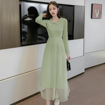 Donje Korejski haljina Moda Jedan Detalj Jesen Proljeće 2021 Ured lady Korejski Stil dugi rukav u Patchwork stilu Čvrste Crne haljine Траф