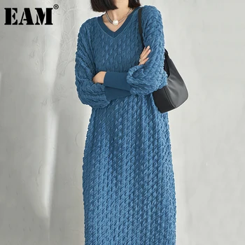 [EAM] Donje plavo kratko duga haljina velike veličine, Novi duga haljina s V-izrez i dugim rukavima sa zelenim rukavima, Slobodna ukrcaj, Moderan plima Proljeće i Jesen 2022 1DE3472