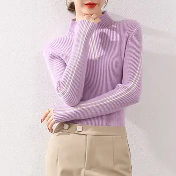 EBAIHUI ženski vuneni pulover s visokim воротом 2021 Jesen zima Topla mekana pletene pulover Ženski kardigan Ženski prugasta tanak džemper