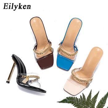 Eilyken PVC Prozirna metalni lanac Dizajnerske papuče Trendi ženski ljeto seksi cipele s trga vrhom na tankom visoke potpetice Ženske sandale