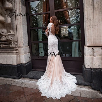 Elegantan Svadbeni haljina Sirena dugih rukava i okruglog izreza, čipka aplicirano, vjenčanicu s vlakom vjenčanicu vestido de noiva
