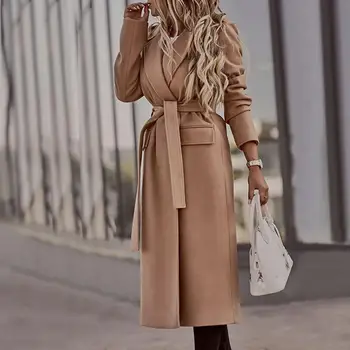 Elegantan ženski dugi kaput s pojasom Monotone dugi rukav Moderan odjeća Ženski kaput Jesen zima 2021 Uredski donje kaput