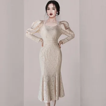 Elegantna večernja haljina 2022 Proljeće jednostavno s visokim strukom, обтягивающим slobodan подолом, trg cutaway, bujnim rukava, Kvalitetne ženske haljine s temperamentom