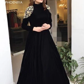 Elegantne crne Абие s dugim rukavima Arapski muslimanski večernje haljine 2021 čipkom aplikacija Трапециевидное haljina na podu Ogrtač de soiree