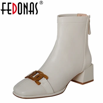 FEDONAS Ženske čizme od prave kože Modni kratak svakodnevne radne jesensko-zimske cipele sa debelim petama s metalnim ukrasima Ženske cipele