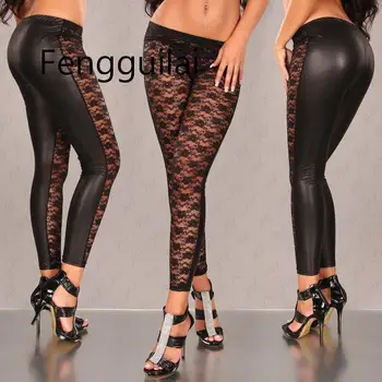FENGGUILAI 2020 Nove seksi Ženske tajice fancy hlače od umjetne kože od čipke niska struka uske hlače-olovka Zimske hlače od umjetne kože