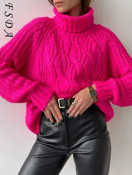 FSDA Jesen Zima Zeleni pulover s visokim ulivni žene s dugim rukavima Twist Casual pletene pulover Негабаритный 2021 Slobodna moda