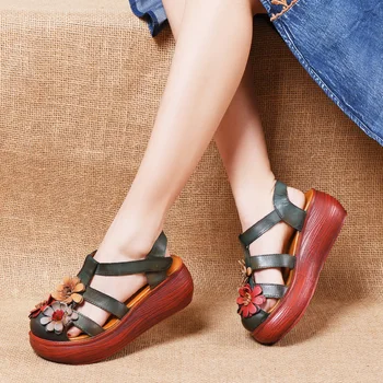 GKTINOO Ljetne ženske sandale od prave kože na танкетке, ženska casual cipele s cvijećem, ženske cipele na platformu, Rimski slajdova za žene