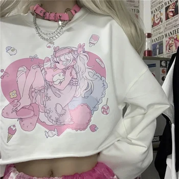Harajuku Kawaii Slatka Crtani E Djevojka Anime Odjeća dugih Rukava Majice Majice Slobodan Pulover Bijele Kratke Grafički Ženske Majice