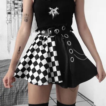 Harajuku Mini suknja u stilu punk s kariranim po cijeloj površini, Šahovskoj ploči, Šarenilo haljina sa visokim strukom, Linija ulične odjeće, Gotička suknja, E Djevojka, Grunge, Klupska odjeća Y2K