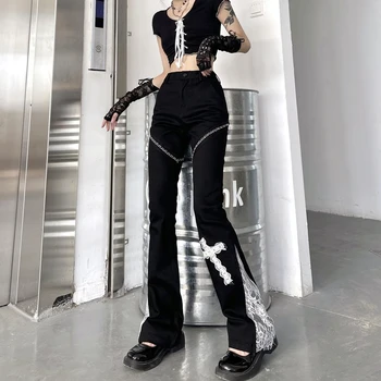 Harajuku Pluća spaljene duge hlače Ženske Crne čipke Izrađene Križem Svakodnevne Hlače Fine gothic Punk Hlače Ženske hlače Capri