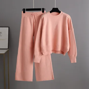 HLBCBG Osnovne pletene slobodan hlače od dva dijela i pulover okruglog izreza Odijelo za žene 2021 Jesen zima Toplo setove Ženske sportske odijela pulover
