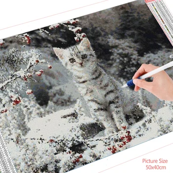 HUACAN 5d Diamond Slikarstvo Mačka Zimi Home Dekor Diamond Vez Mozaik Životinja Snijeg Vez Križem Naljepnice Za zid