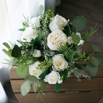 JaneVini Starinski Bijelo-Zeleno Vjenčanje Svileni buket Bloemen Bruiloft Aftificial Vjenčanje cvijeće Boho Buket 2019