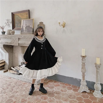 Japanski Gothic Punk Stil Cosplay Lolita Ženske haljine Харадзюку Crno midi haljina Kawai dvoslojni nabora Haljina za Noć vještica