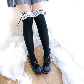 Japanski Lolita Čarape do kukova Ženske čipke, majice s trakom Iznad koljena Čarape Jesen Zima Toplo, pamuk seksi bijele čarape