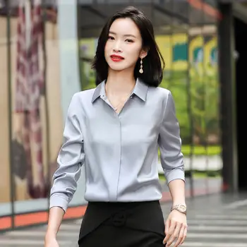 Jesenje korejski svilene, ženske bluze dugih rukava Ženske košulje Košulje Elegantan ženski satin košulja na zakopčane Vrhovima Blusas Mujer De Moda