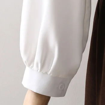 Jesenski ženska bijela košulja s винтажным rukav-svjetiljku Шифоновая bluzu s брошью s odbačenost ovratnik Moderan uredski odjeća Proljeće osnovni top