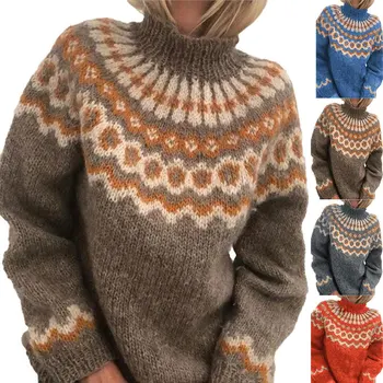 Kariranih ženski puloveri s visokim воротом i po cijeloj površini 2021 Zimska moda Svakodnevne slobodne kolaž debeli topli pleteni puloveri Ženski džemper