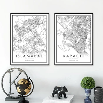 Karta grada KARAČIJU Plakat Karta grada ISLAMABAD Crno-bijele grafike Pakistan Putovanja Zid Umjetnost Platnu Slikarstvo Ukras osnovnoj sobe