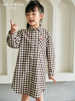 KC.Dječja haljina-košulja za djevojčice Checkered dječja haljina Košulja s dugim rukavima u vintage stilu s vezom Ikonu za kožu Toplo za jesen