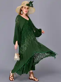 Kićanka I Čipkom S Detaljni Rukavima-Belim Balonima Denim Zelene Boje Duga Haljina 2021 Nova Moda Autentičan Stil Ženska Odjeća