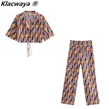 Klacwaya 2021 Ženska moda Geometrijski print Set od 2 predmeta Klasicni Stražnji otvor na čipka-up Košulje Skraćene top Ženske ravne hlače Odijelo
