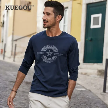 KUEGOU 2021 Jesen pamuk sa po cijeloj površini Plava majica Muška t-shirt Branded majica dugi rukav Muška t-Shirt Plus Veličine Odjeće 88095
